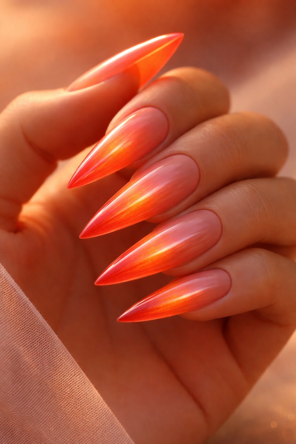 Close-up of nails with peach to red ombre aura gradient and sunset glow