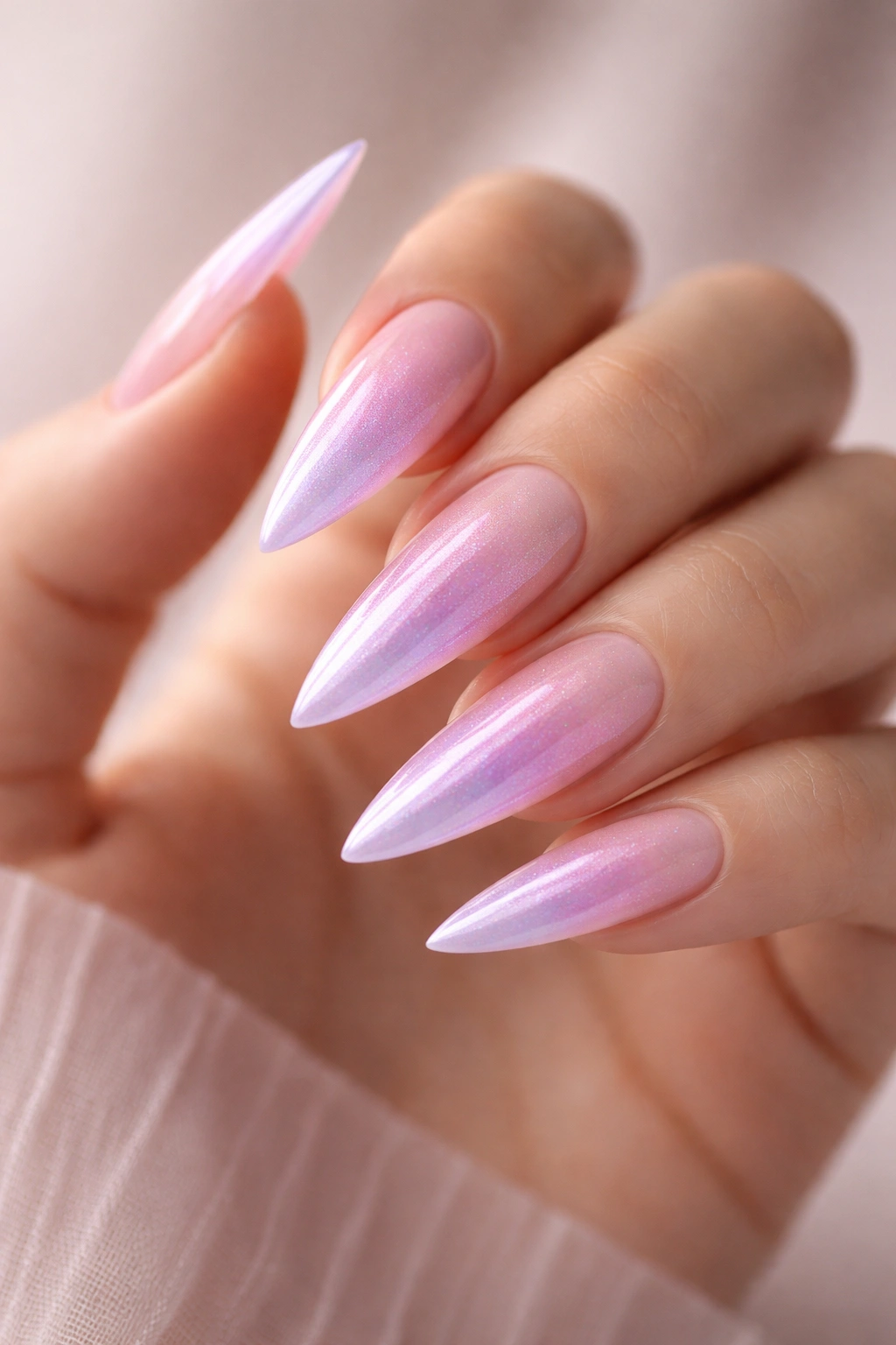 Close-up of stiletto nails with soft pink-to-purple aura gradient and iridescent shimmer