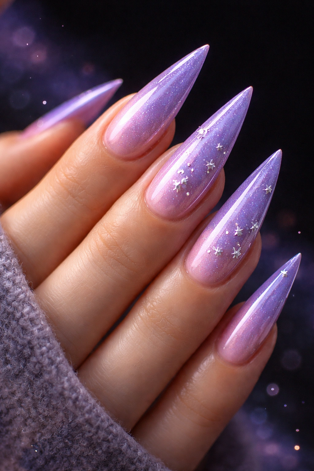 Close-up of nails with purple-to-pink cosmic aura and small metallic stars