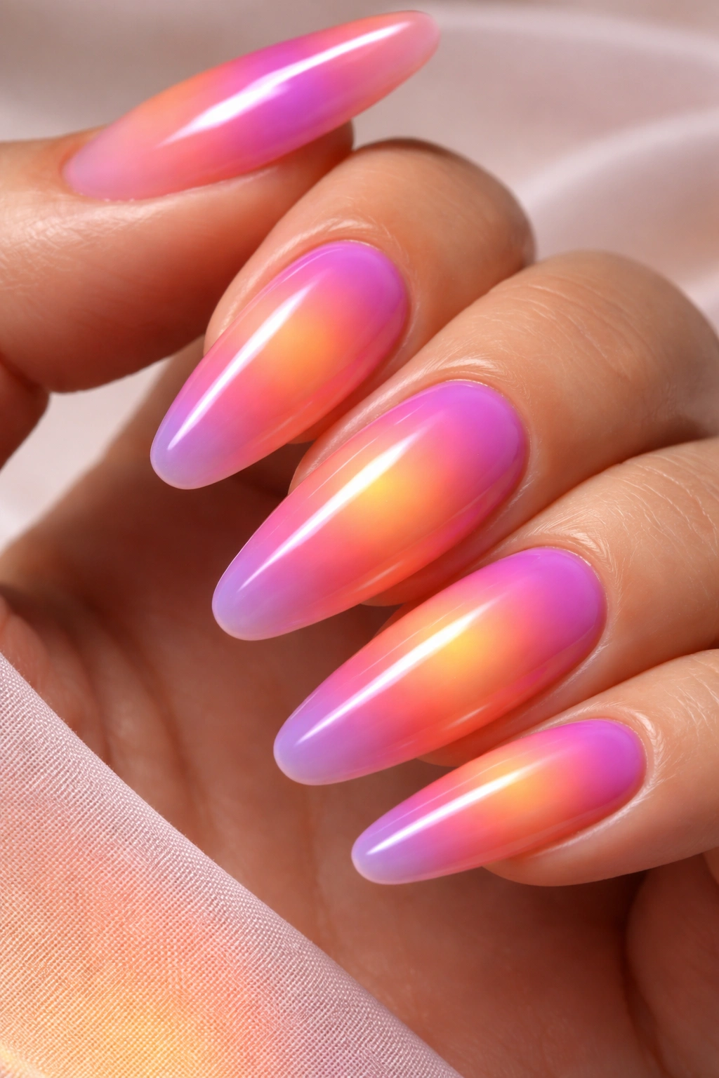 Close-up of nails with vibrant aura sunset gradient and glossy finish