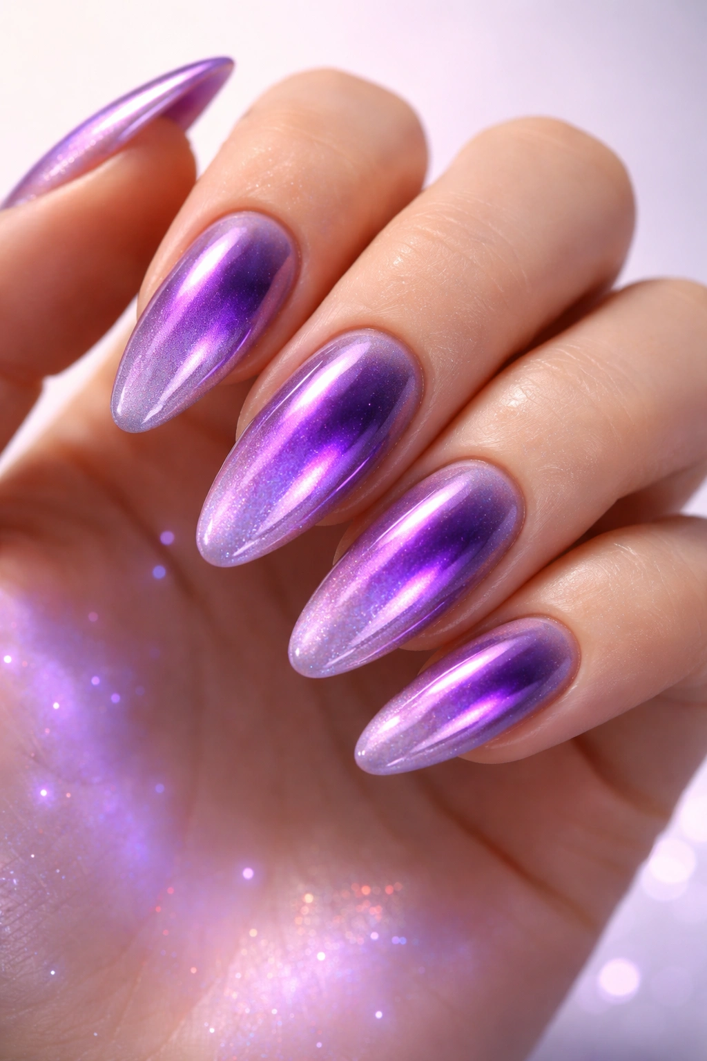 Close-up of purple aura chrome nails with center glow fading to light edges