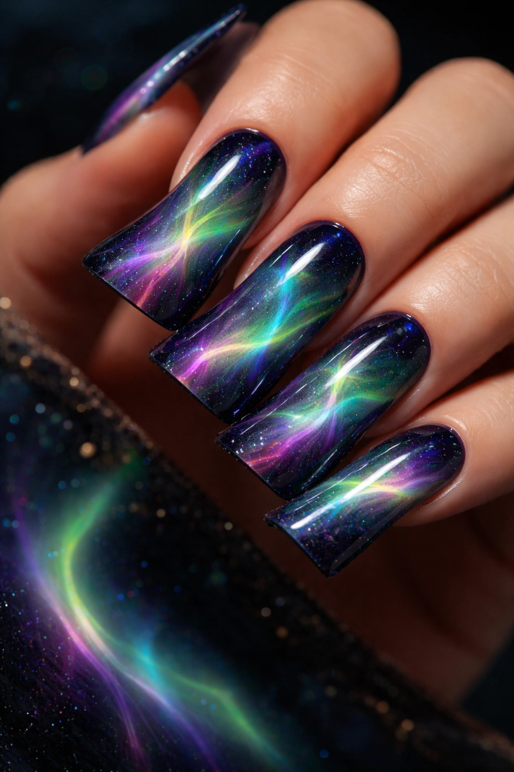 Duck nails with aurora-colored waves on dark base