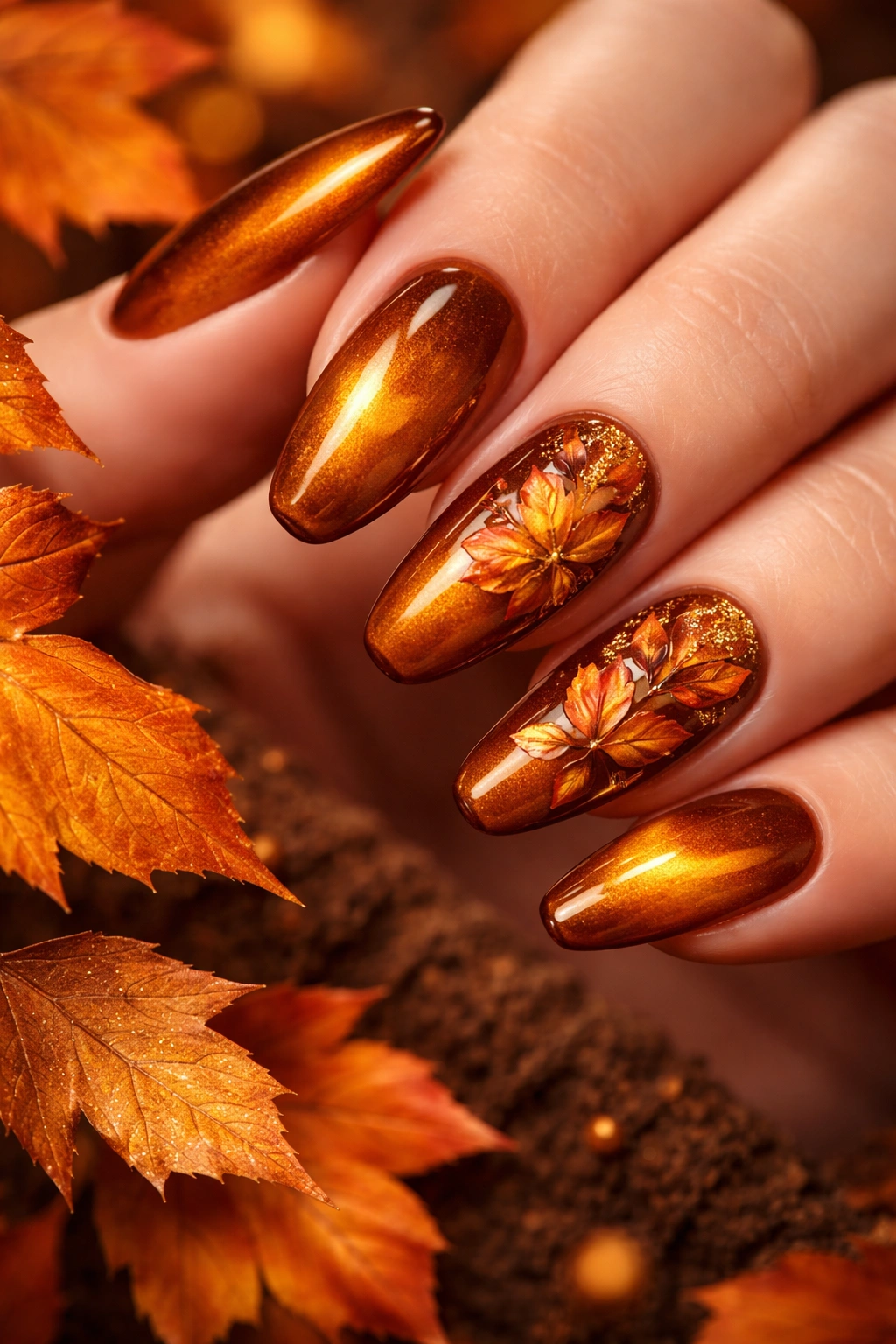 Nails with amber cat eye background and hand-painted autumn leaves
