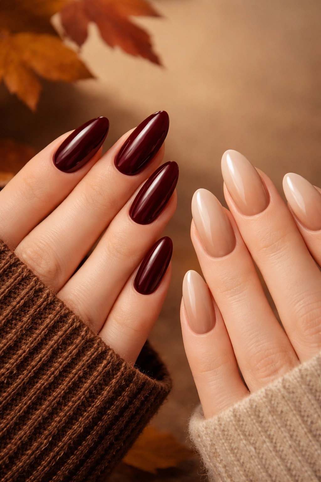 Close-up of versatile fall manicure with vampy red and latte gradient