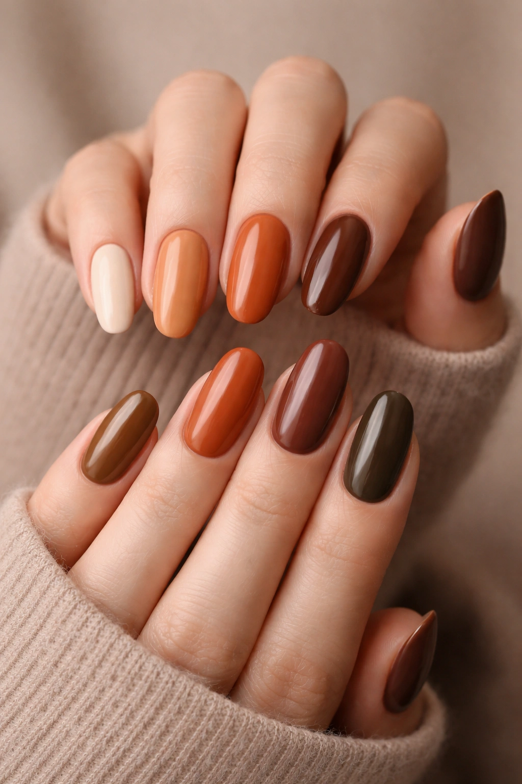 Ten nails in cohesive autumn gradient from oatmeal to chocolate
