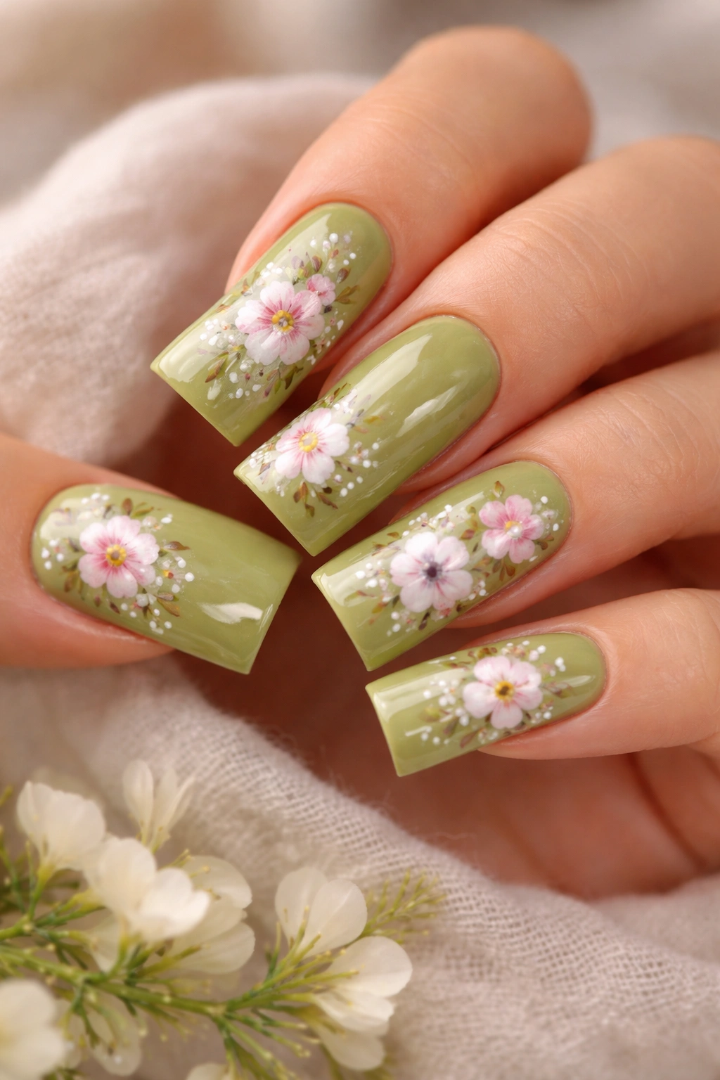 Close-up of avocado green duck nails with floral nail art on a neutral background