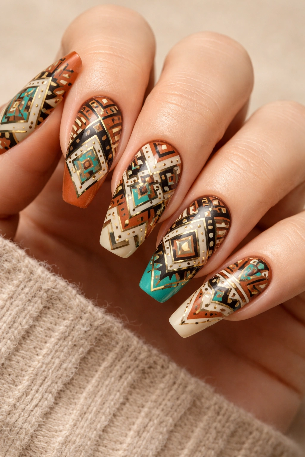 Nails with bold Aztec and Mayan geometric patterns in earthy tones