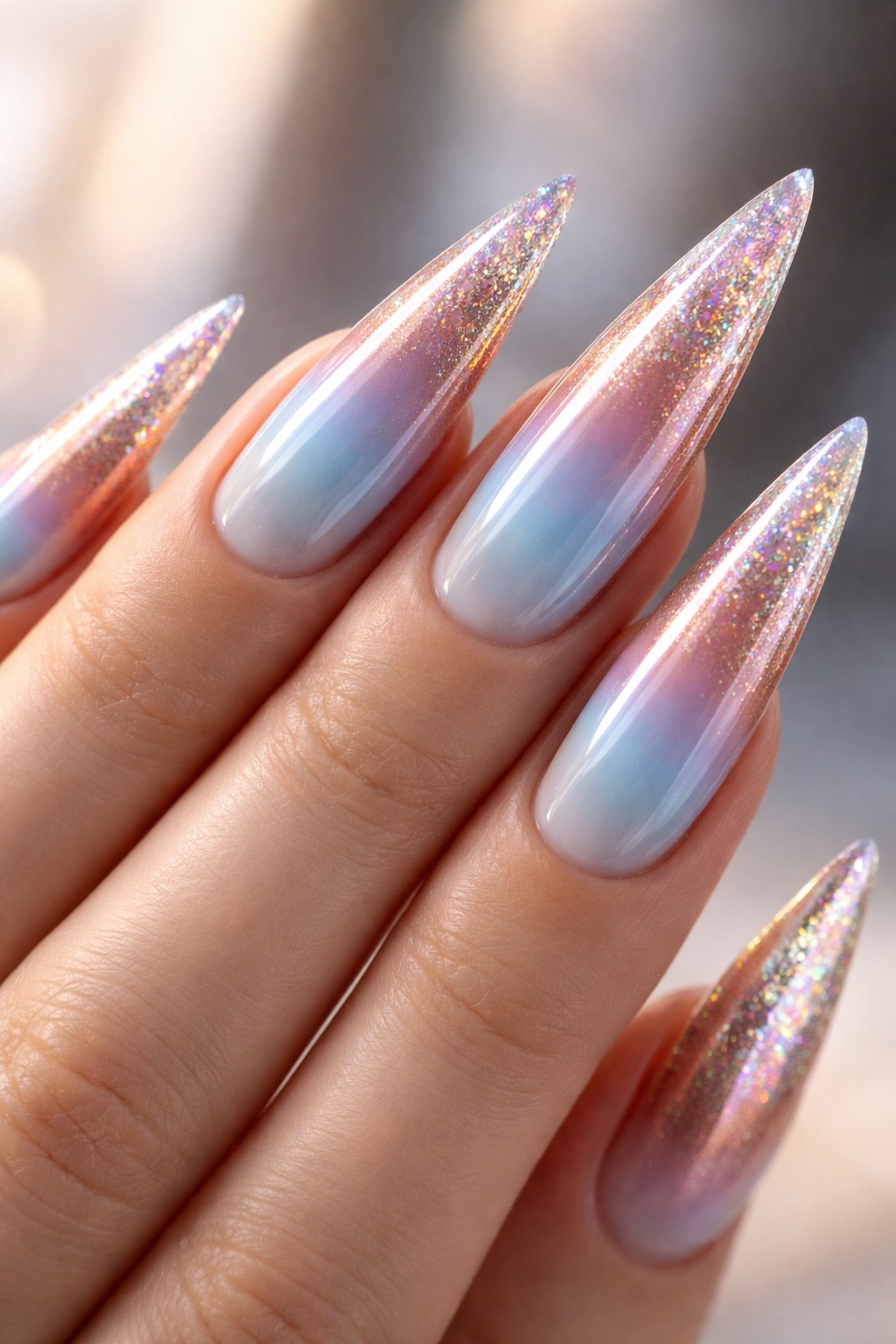 Close-up of stiletto nail with azure to rose gold ombre and holographic accents at the tips.
