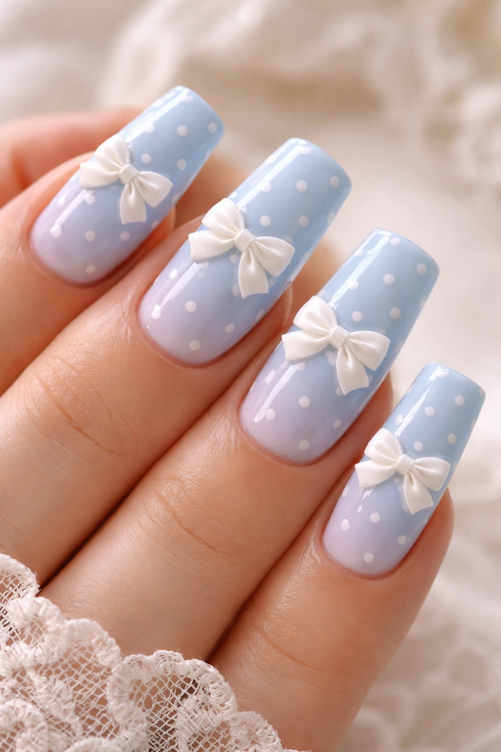 Duck nails in baby blue with white dots and small white bows