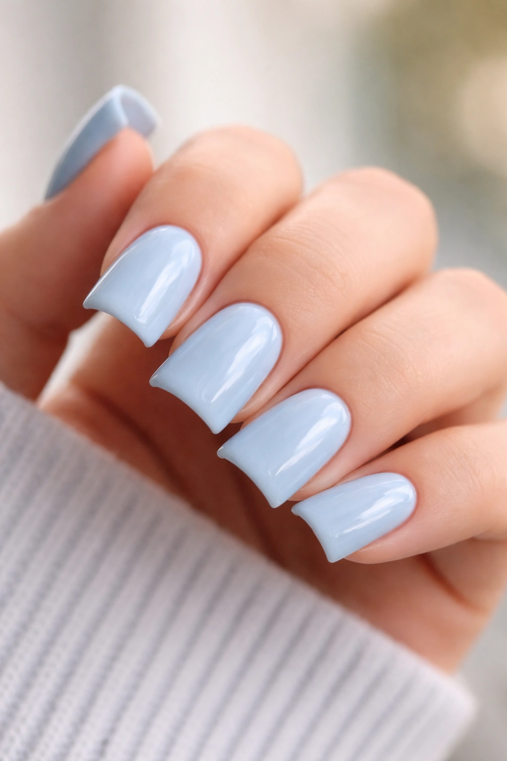Close-up of baby-blue duck nails on a bare hand