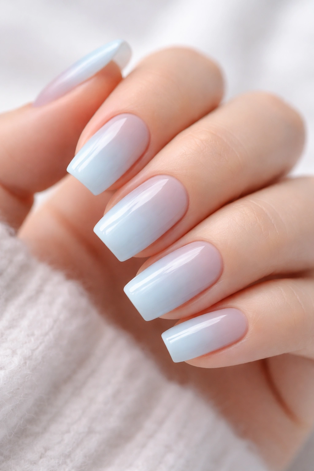 Nails with base-to-tip baby blue gradient, soft and ethereal.