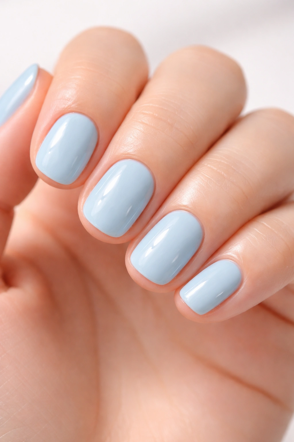 Close-up of baby blue glossy nails on short round nails