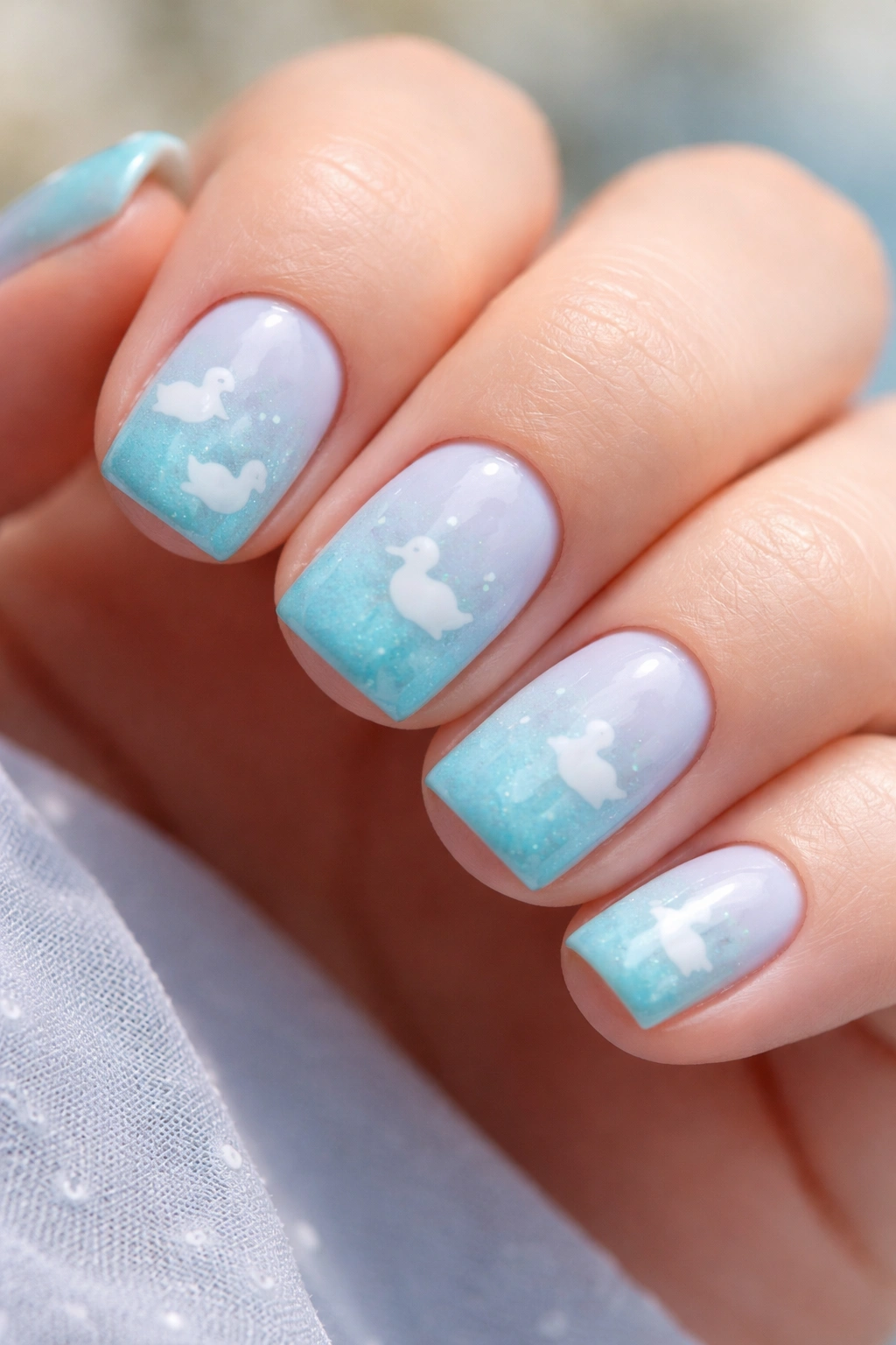 Close-up of baby blue nails with aqua ombre fade and duck silhouettes
