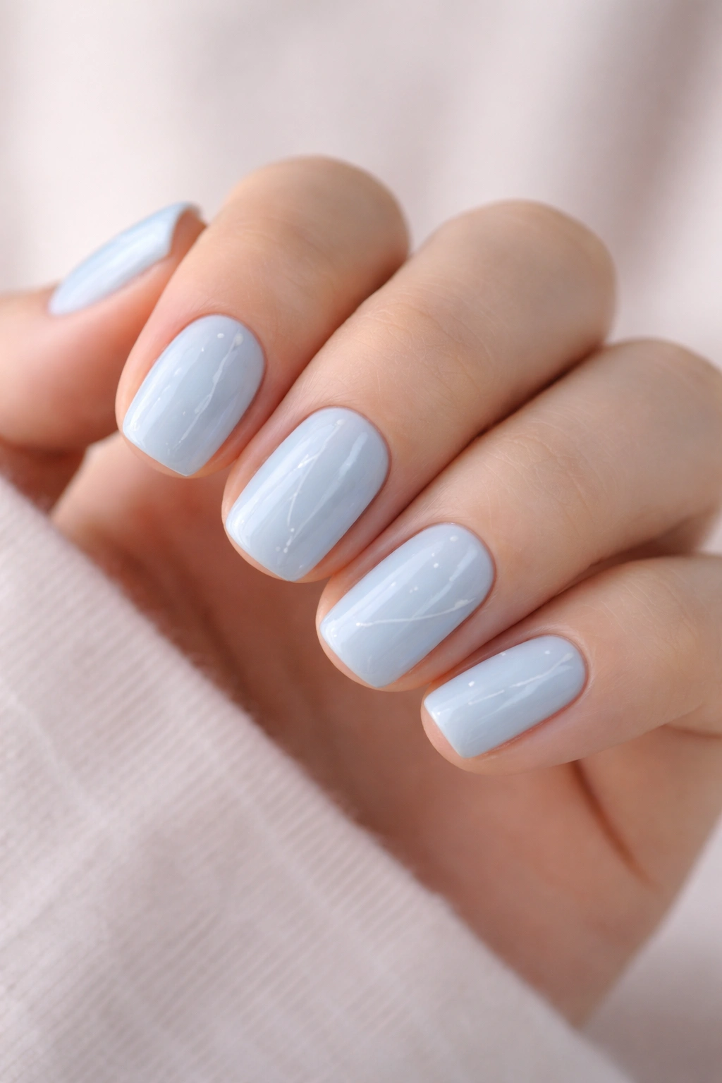 Nails in pale baby-blue with delicate white nail art for a professional look