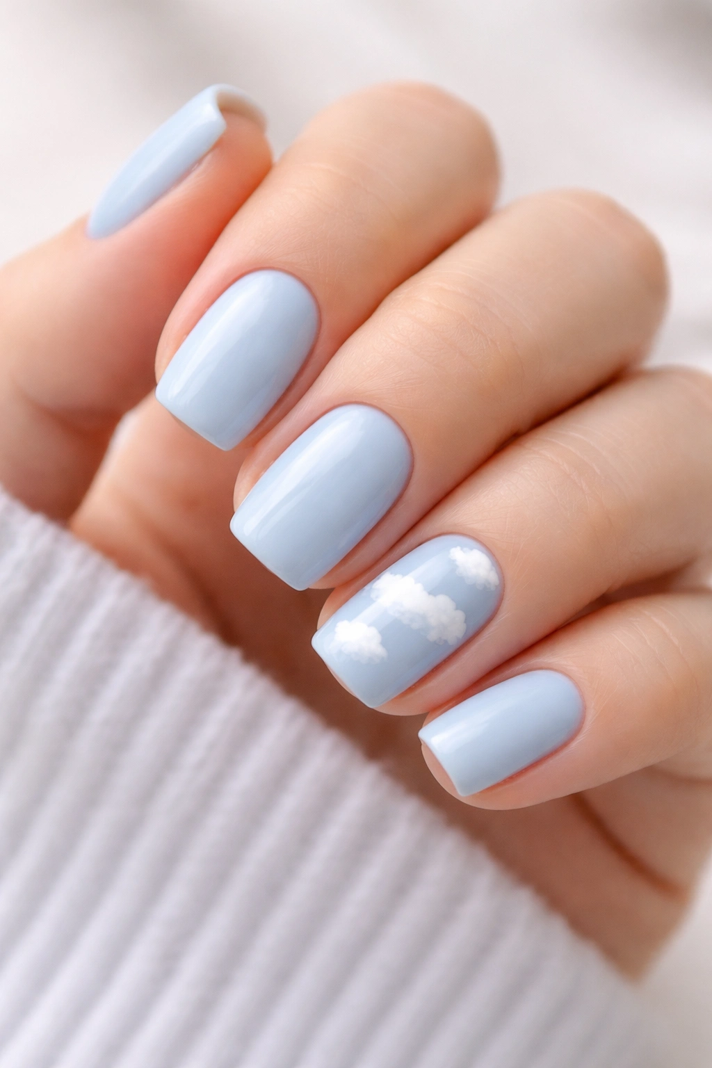 Close-up of baby blue squoval nails with a white cloud accent nail.