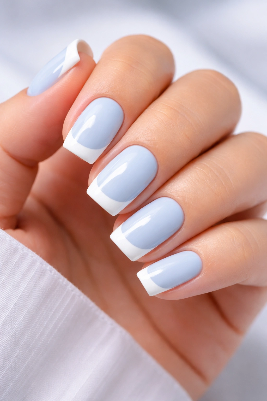 Close-up of short squoval nails with pale blue base and white tips