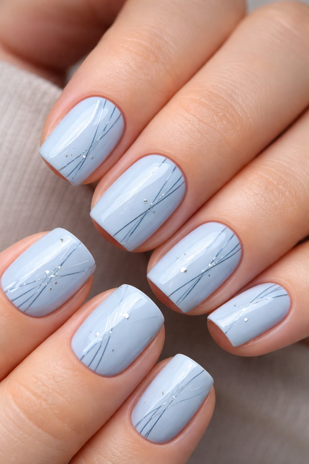 Close-up of soft-square nails in baby blue with fine white and blue line details.