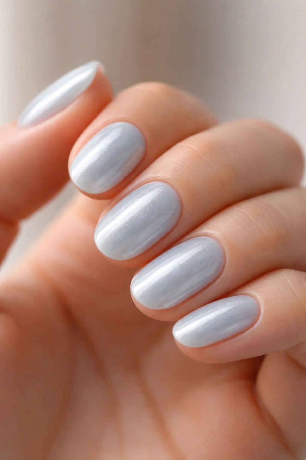 Close-up of short oval nails with baby blue pearl glaze