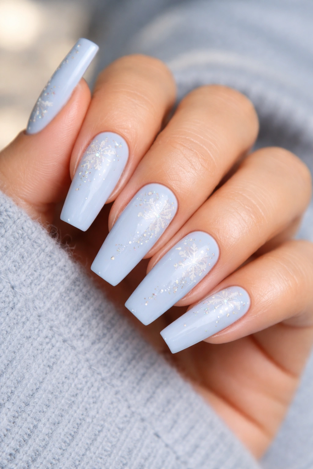 Close-up of baby blue coffin nails with delicate snowflake or star designs