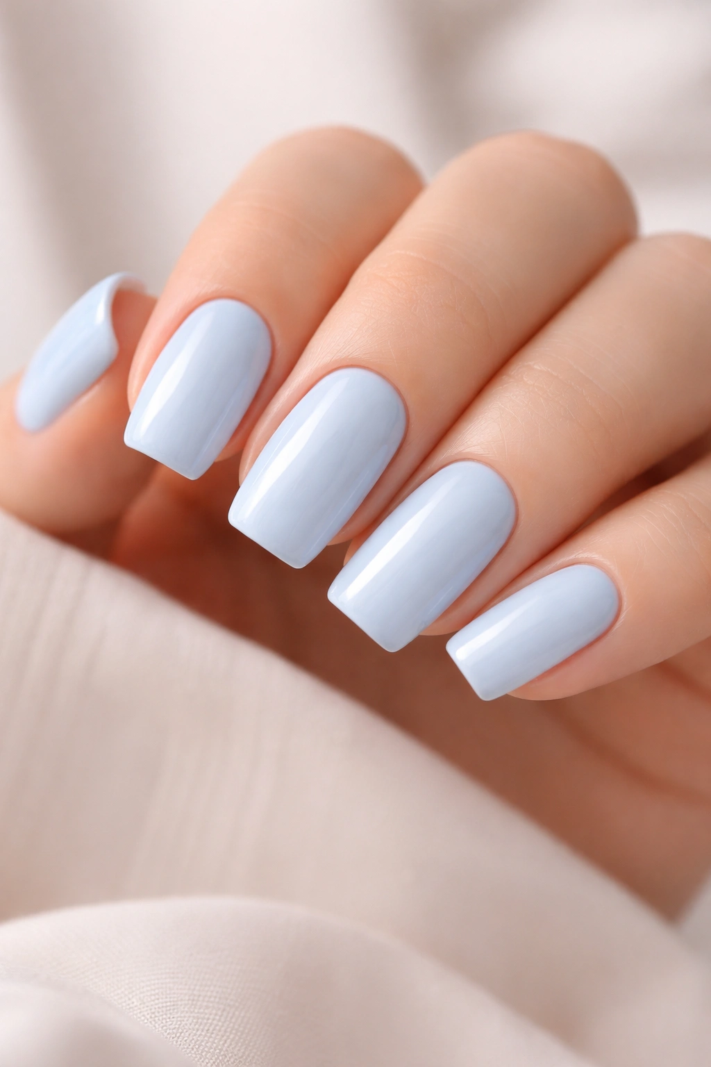 Close-up of baby blue soft square nails with glossy finish on a neutral background