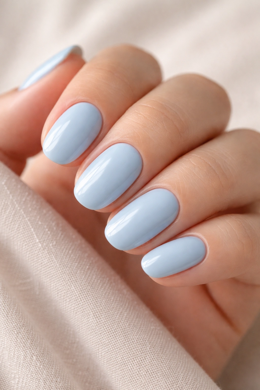 Close-up of short oval nails painted in baby blue pastel with glossy finish