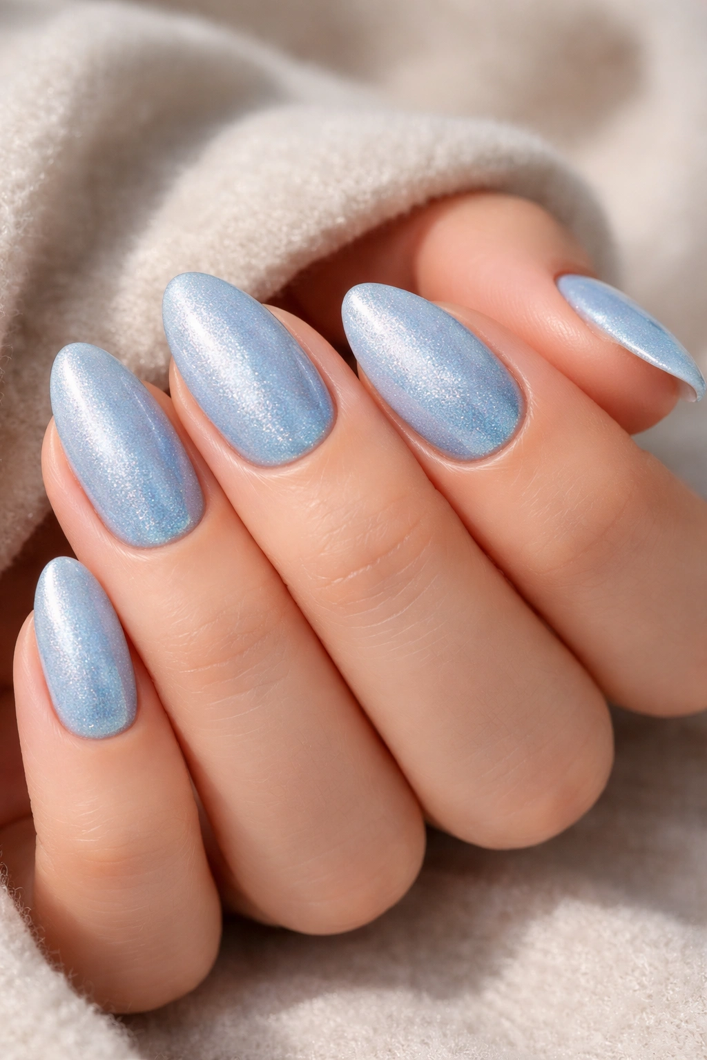 Close-up of pale blue velvet nails with almond shape and soft shimmer