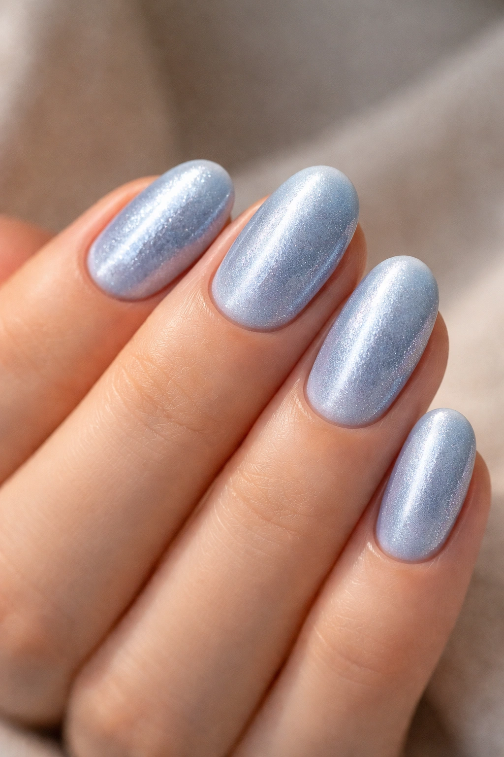 Baby blue velvet nails with magnetic shimmer on short oval shape