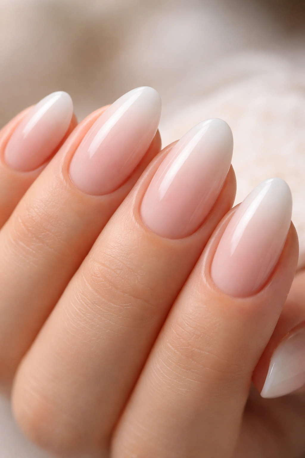 Close-up of short almond nails with pink to white baby boomer gradient