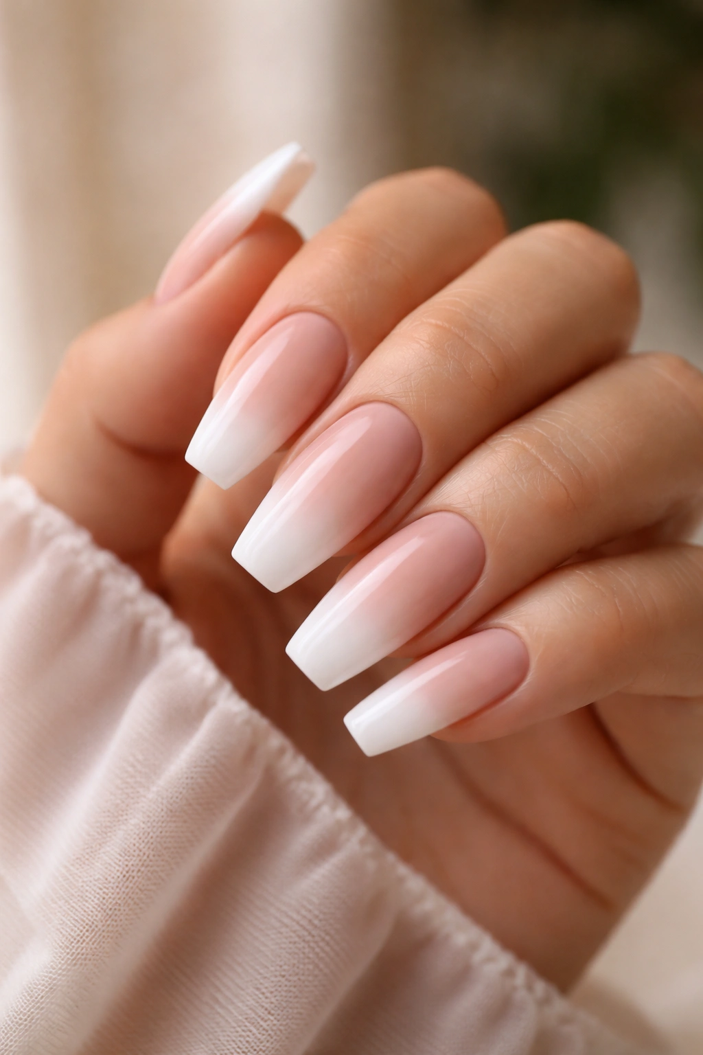 Close-up of baby boomer fade on nude-to-white ballerina nails