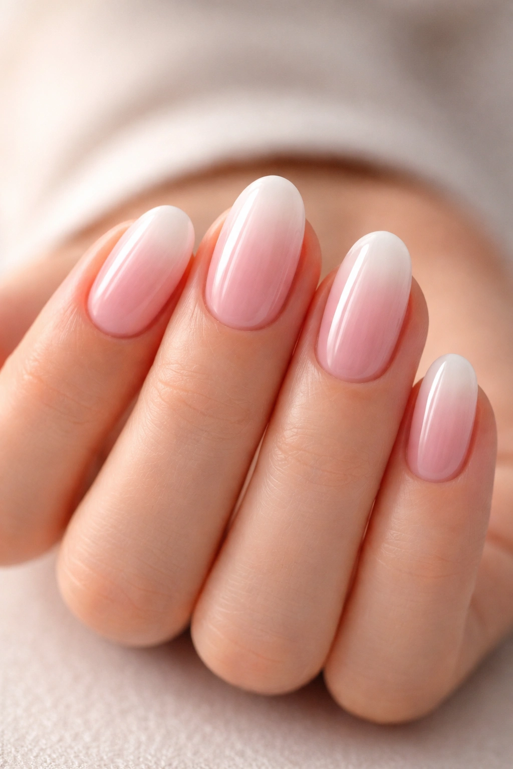 Close-up of glossy baby boomer fade on short oval nails