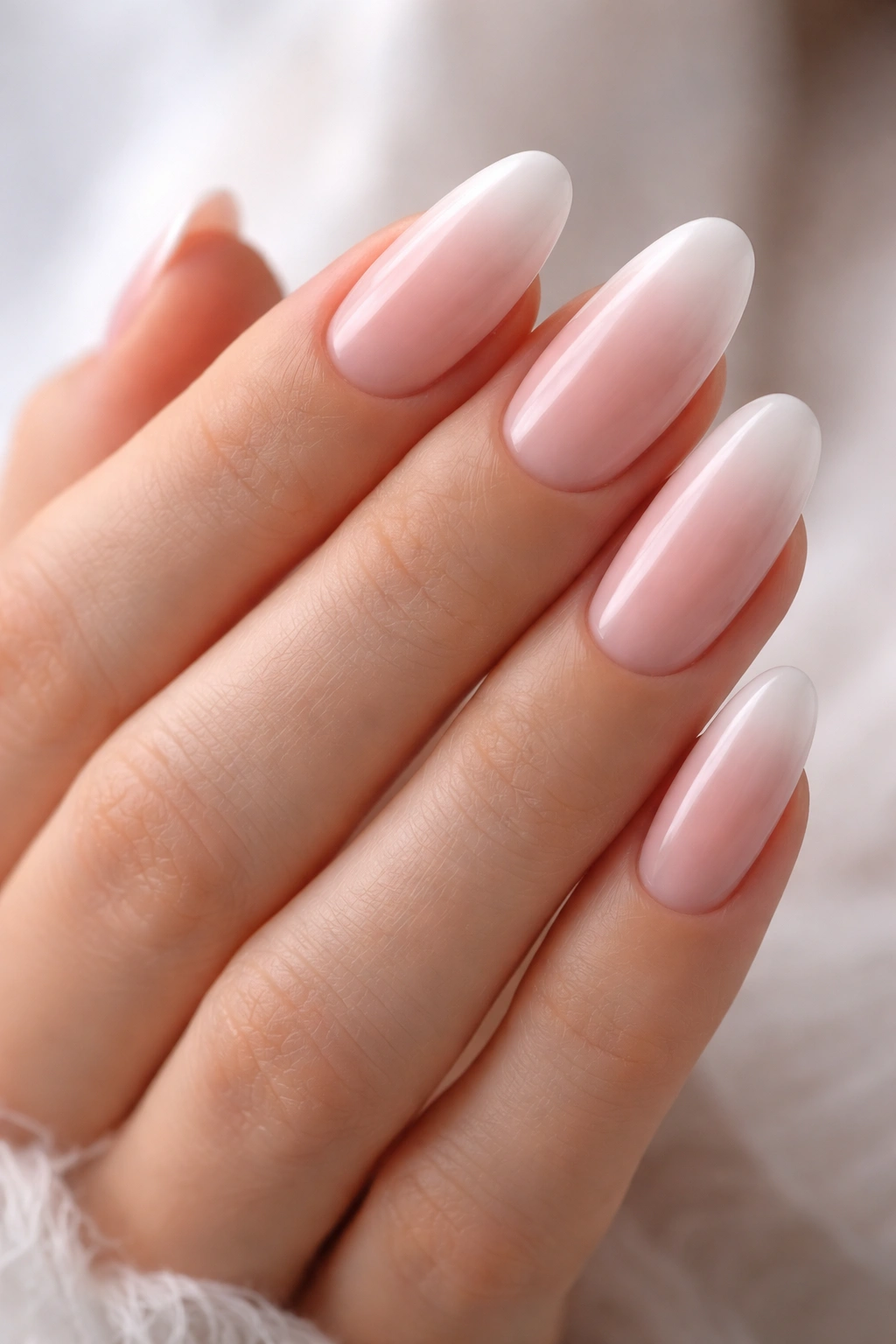 Close-up of baby boomer French tips on long oval nails with soft gradient