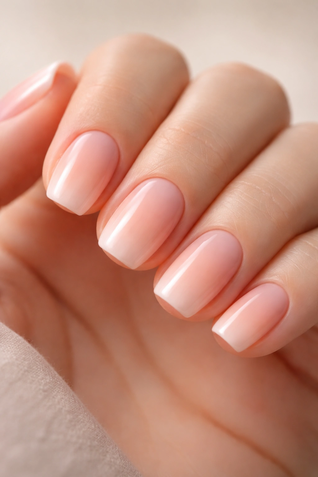 Close-up of short squoval nails with peachy-pink gradient