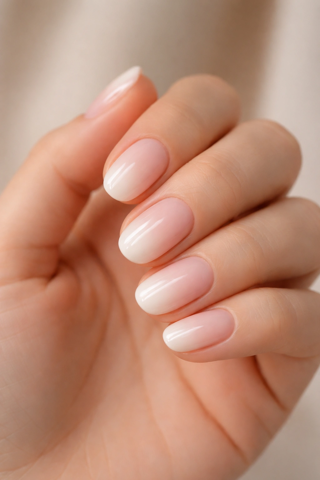 Close-up of short oval nails with soft pink to milky white ombre