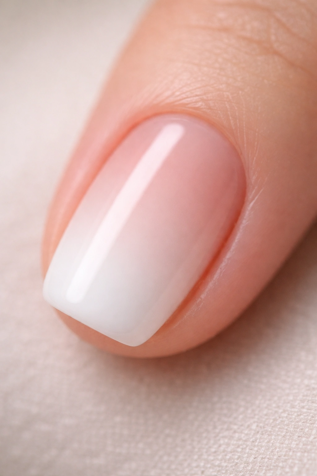Close-up of a tiny flat-tip nail with pink-to-white baby boomer ombre on a short nail
