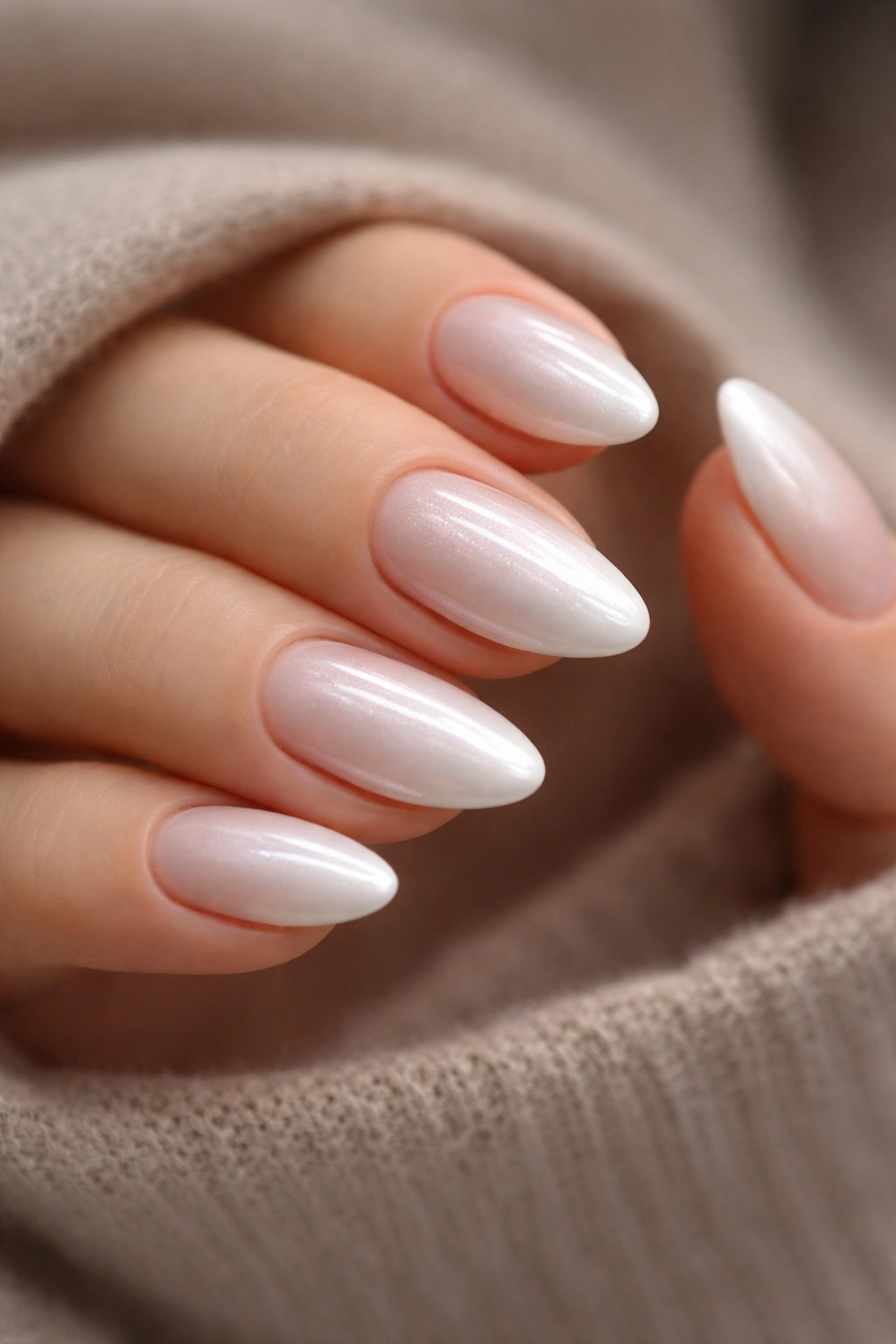 White pearl nails with baby boomer fade on short almond nails