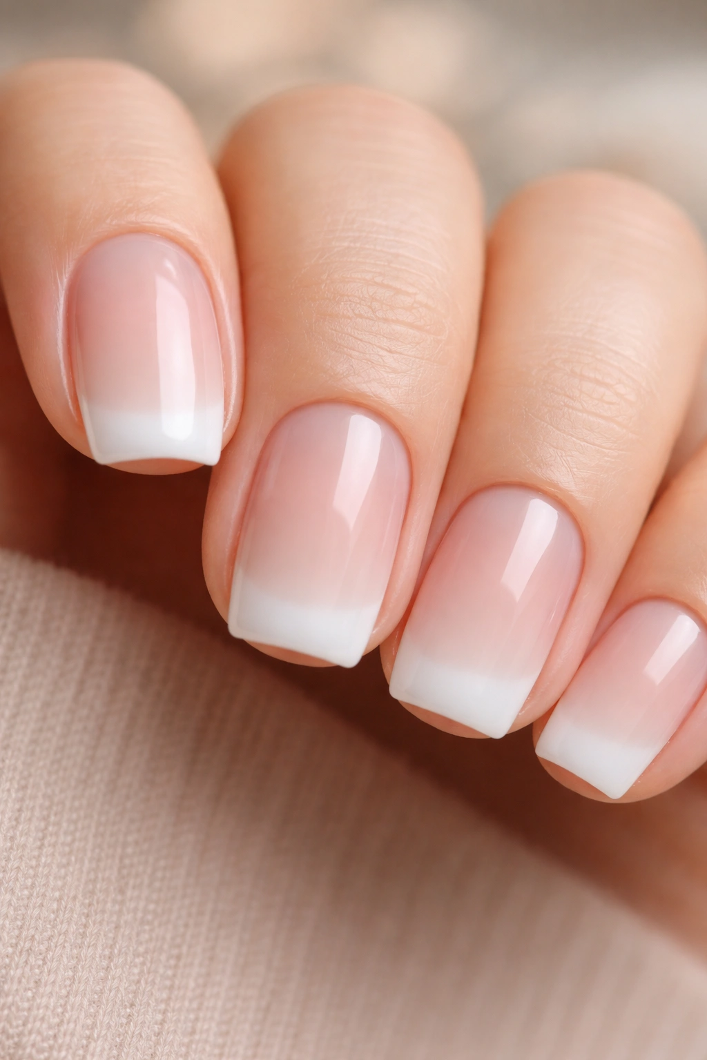 Close-up of short squoval nails with baby boomer gradient on the tip