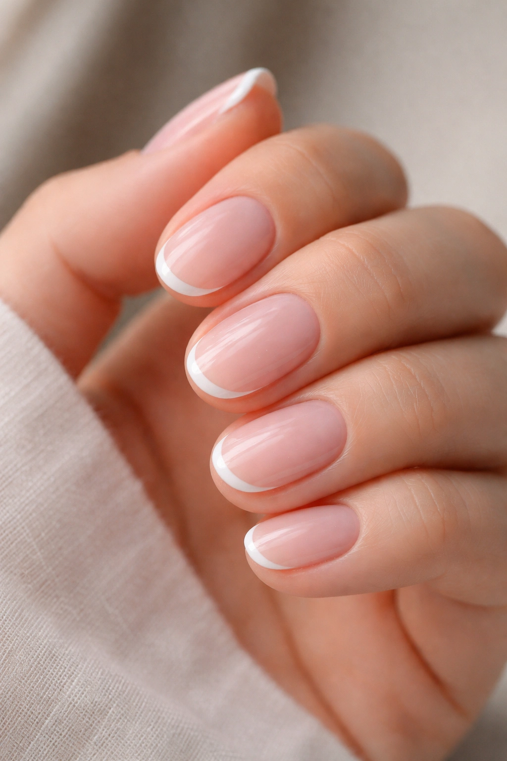Short oval polygel nails with micro French tip on sheer pink base