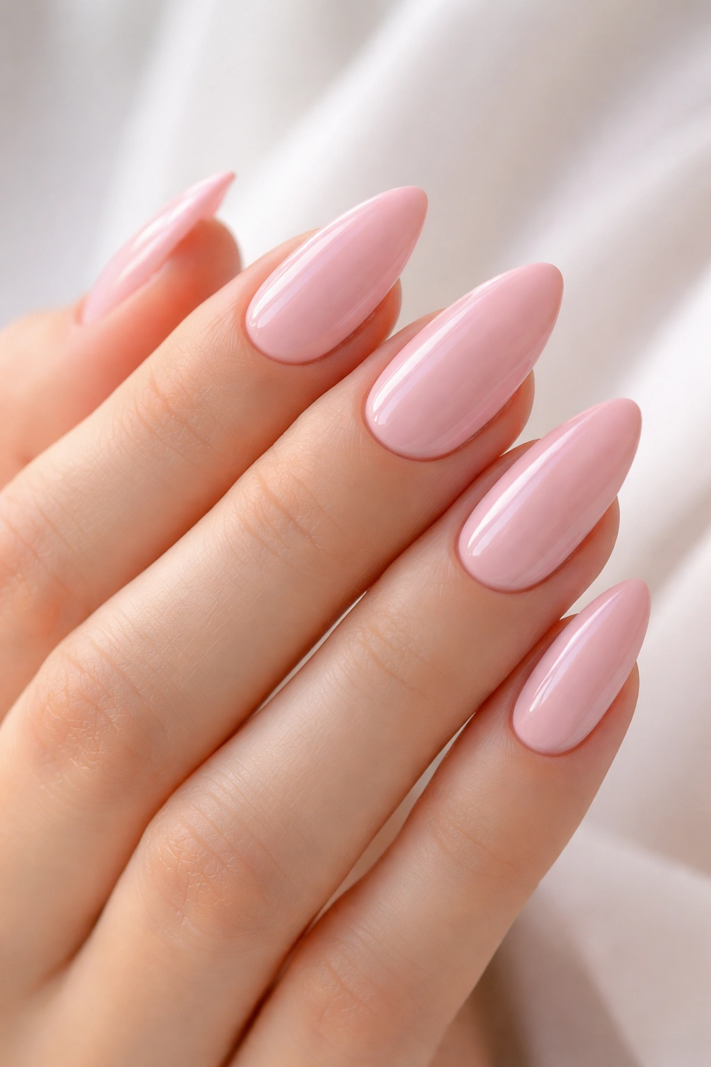 Baby pink almond nails with glossy finish