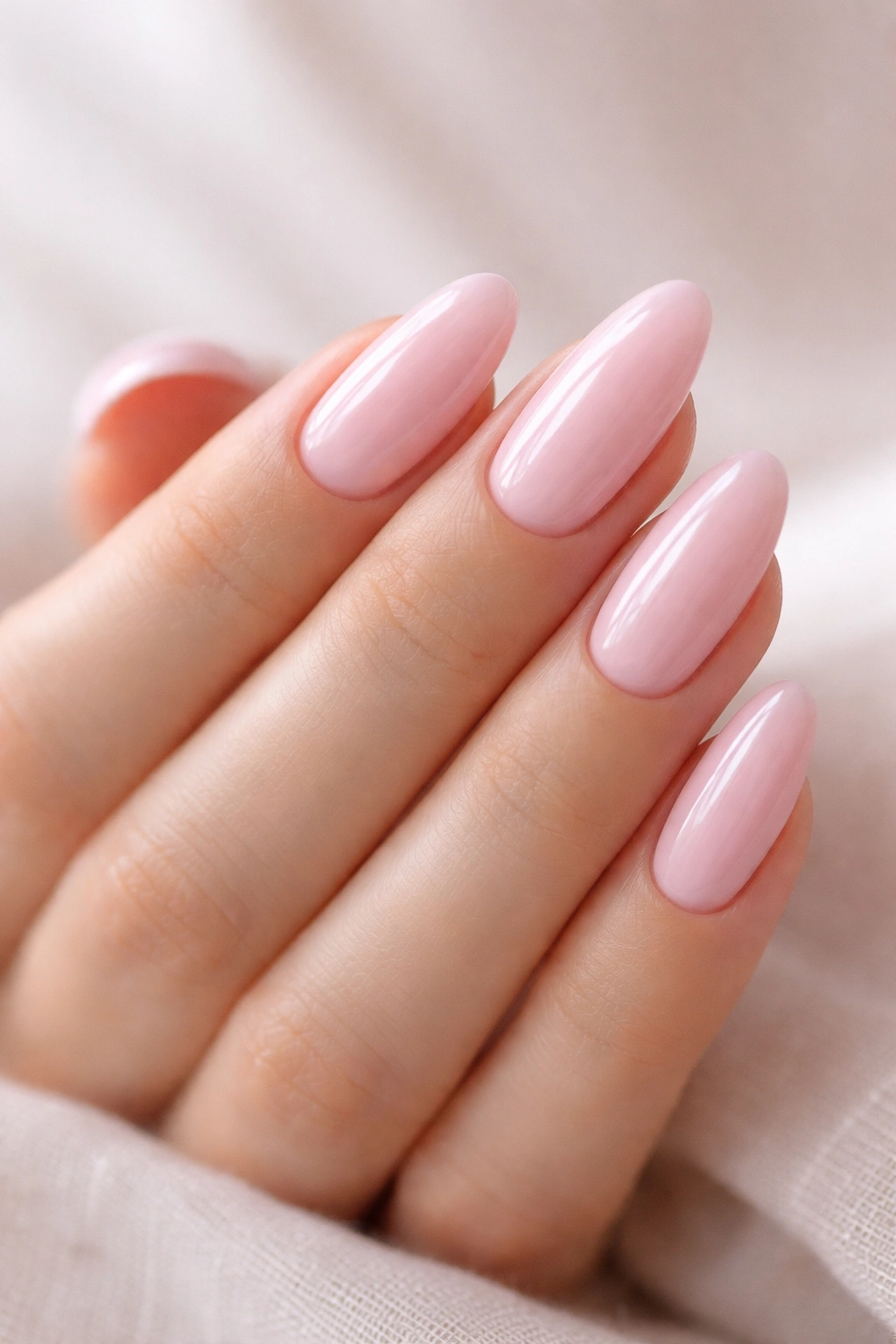 Close-up of baby pink almond nails with pale soft pink color