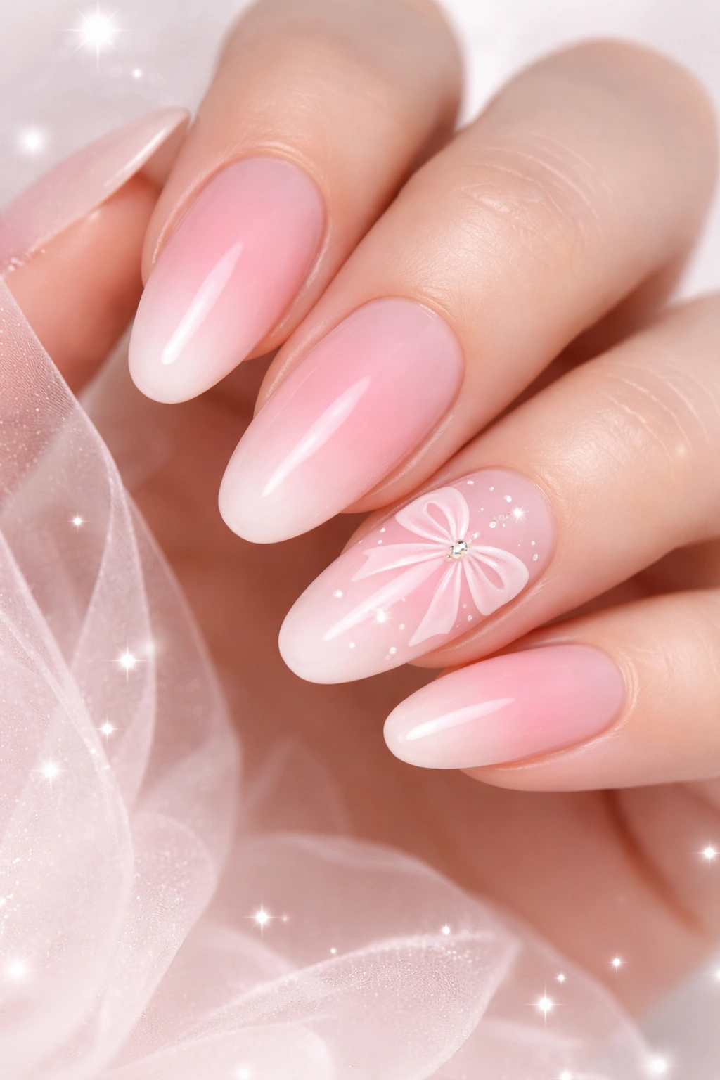 Close-up of baby pink aura nails with hand-drawn bows