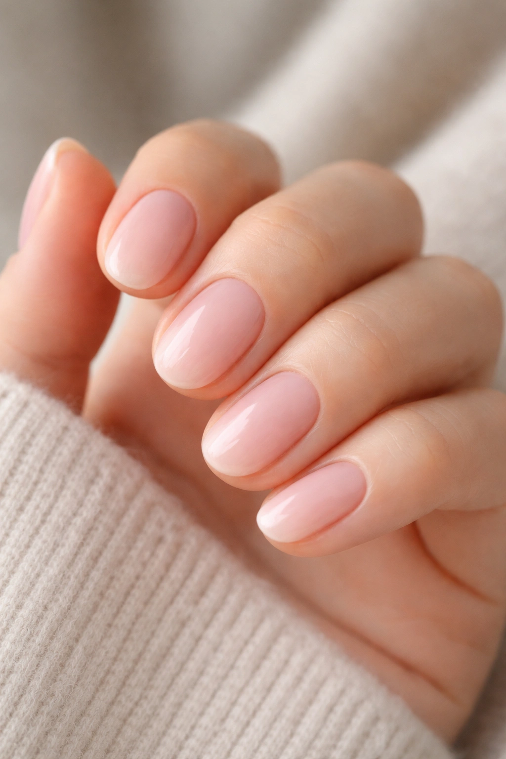 Close-up of short oval nails with sheer baby pink finish