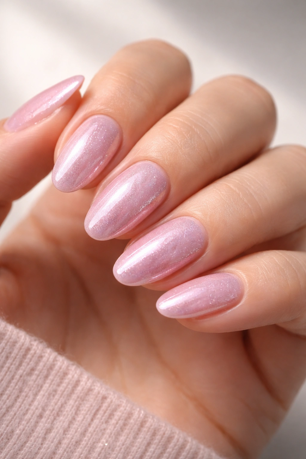 Close-up of short almond nails with baby pink chrome and micro glitter underlayer