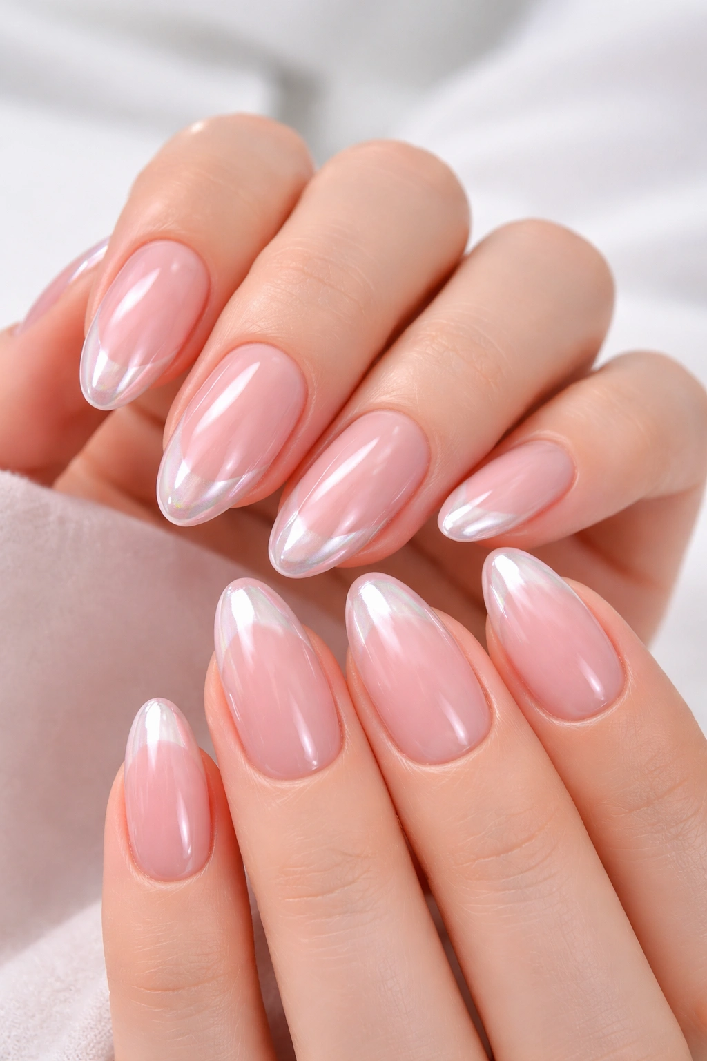Baby pink French tips with chrome overlay on short almond nails