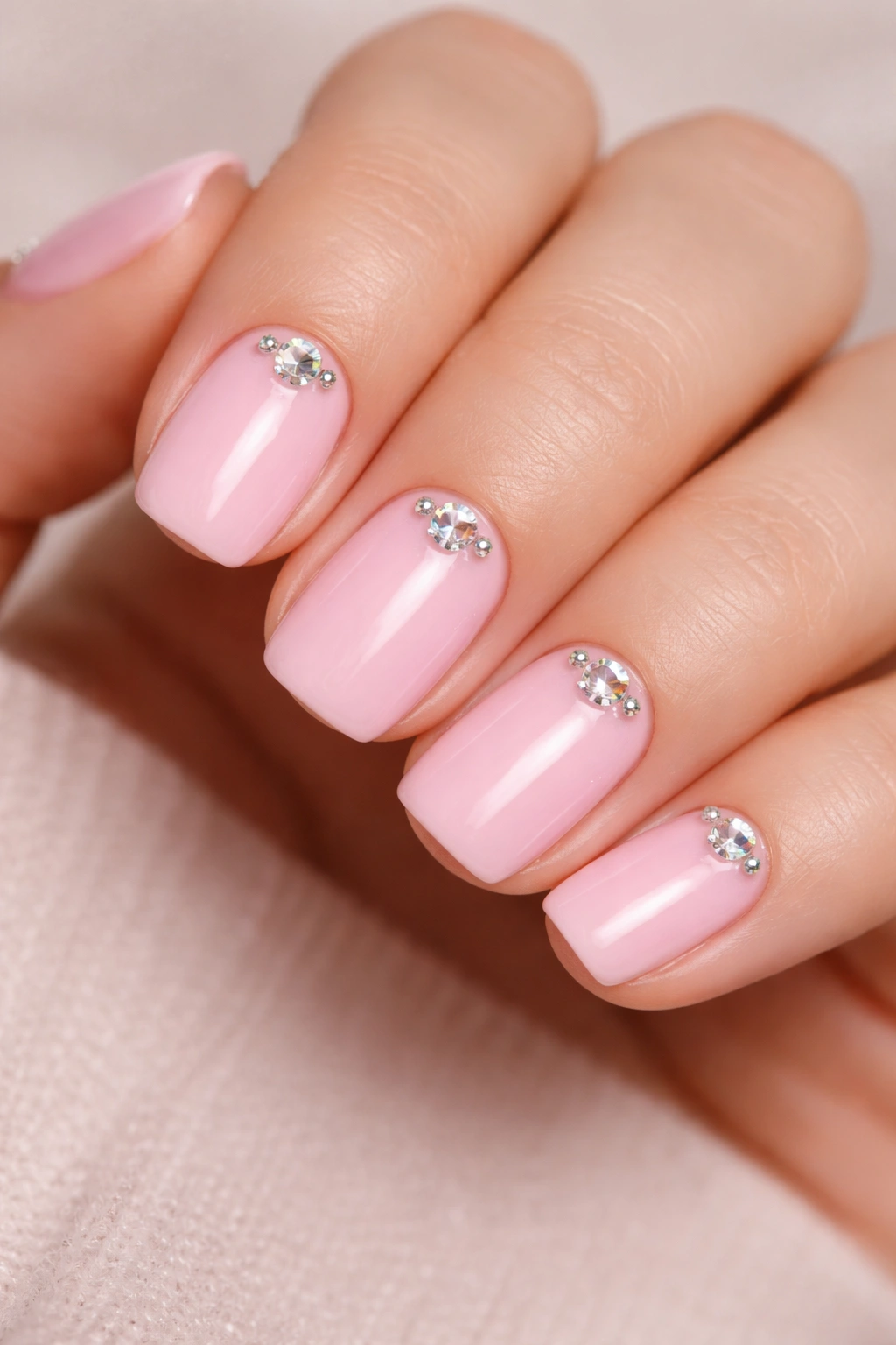 Close-up of short squoval nails in baby pink with crystal accents on each nail