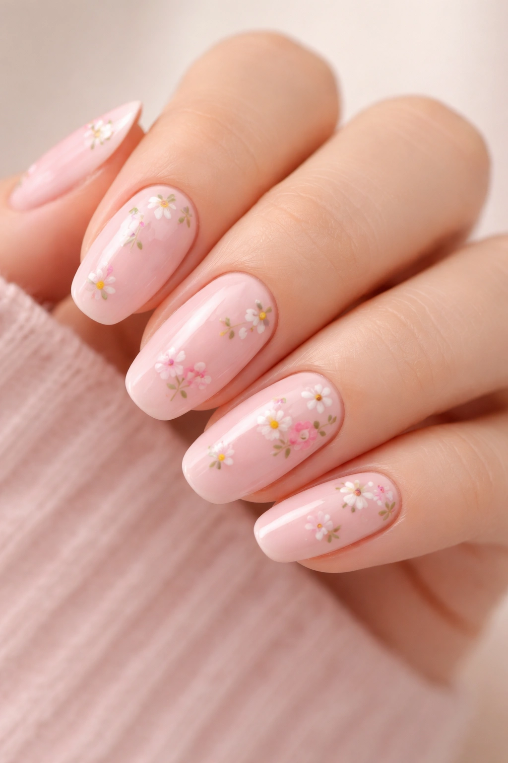 Nails with baby pink base and delicate floral designs