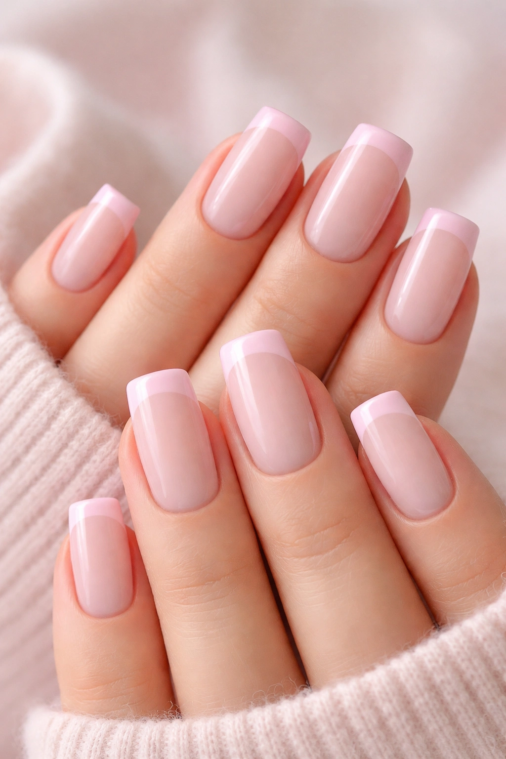 Close-up of baby pink soft square French nails with pink tips