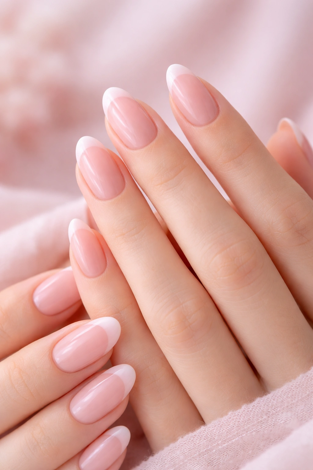 Close-up of baby pink French tip nails on a soft pastel background