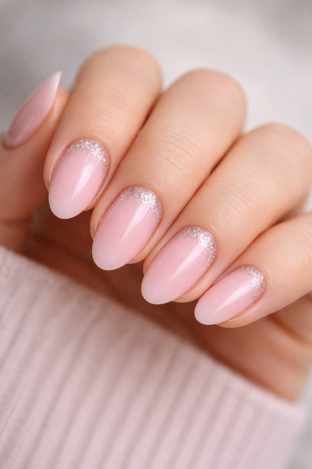 Close-up of baby pink nails with glitter cuticles on short almond nails