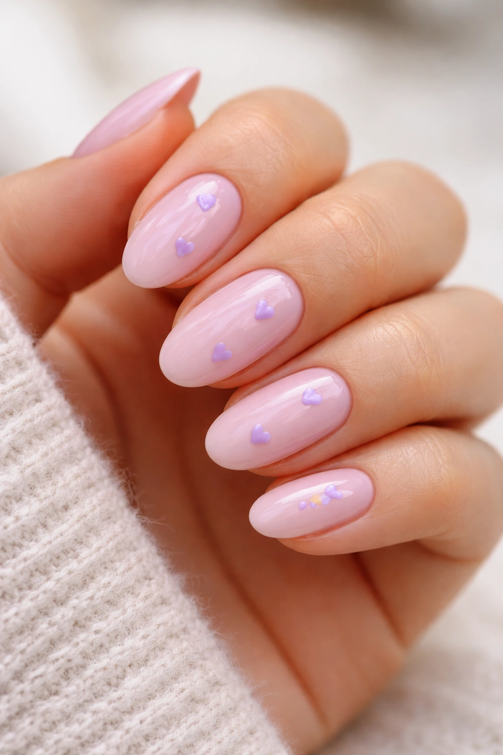 Baby pink nails with lilac hearts on almond nails