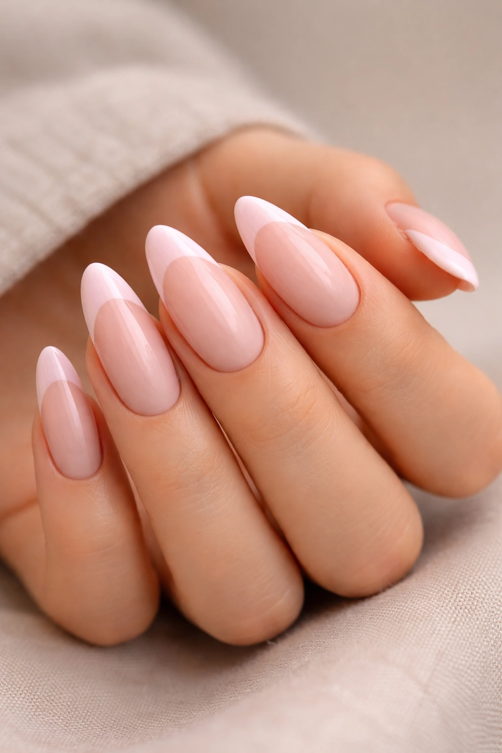 Close-up of almond nails with baby pink French tips.